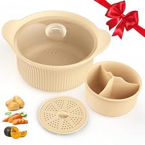 42oz Microwave Silicone Steamer 3 Compartmented, 4 in 1 Large Microwave Pot with Handle & Lid for Vegetables/ Baby Food, Oven & Dishwasher Safe, Easy Clean, 100% Food Grade Steamer Cooker(Beige)