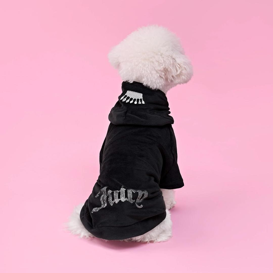 Juicy Couture Bling Velour Pet Hoodie - Black - M/L (7-12 lbs.) - Pet Hoodies for Small Dogs or Cats