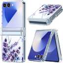 for Samsung Galaxy Z Flip 7 Case with Hinge Protection,Clear Floral Lavender Shockproof Protective Hard PC Slim Floral Women Phone Case for Z Flip7 - Purple Lavender