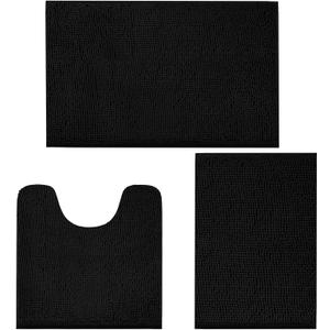LINLA 3 Pieces Bathroom Rug Set, Absorbent Non Slip Chenille Bath mat, Thick Plush Chenille Carpet Mats Set,Washable Dry Quickly with U-Shaped Toilet Mat for Tub, ShowerBlack (32"x20"+ 24"x17"+ U Shape 20"x20")