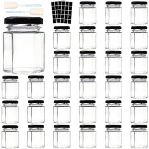 Comrzor 3 OZ Mini Hexagon Glass Jars, 30 Pack Empty Honey Jars Small Spice Jars with Black Lids, Sponge Brushes and 40pcs Labels for Jam, Homemade Projects, Gifts, Wedding Party Favors