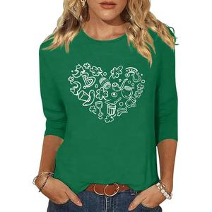 St Patricks Day Shirt for Women 3/4 Sleeve Lucky Clover Heart Shirts Irish St Paddys Day Tee Tops, S