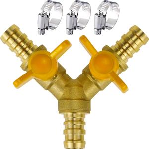 brass 1/2 inch O.D. barb three way shut off ball valve for propane gas hose air water pvc pex garden tubing fuel line, tee switch splitter fitting