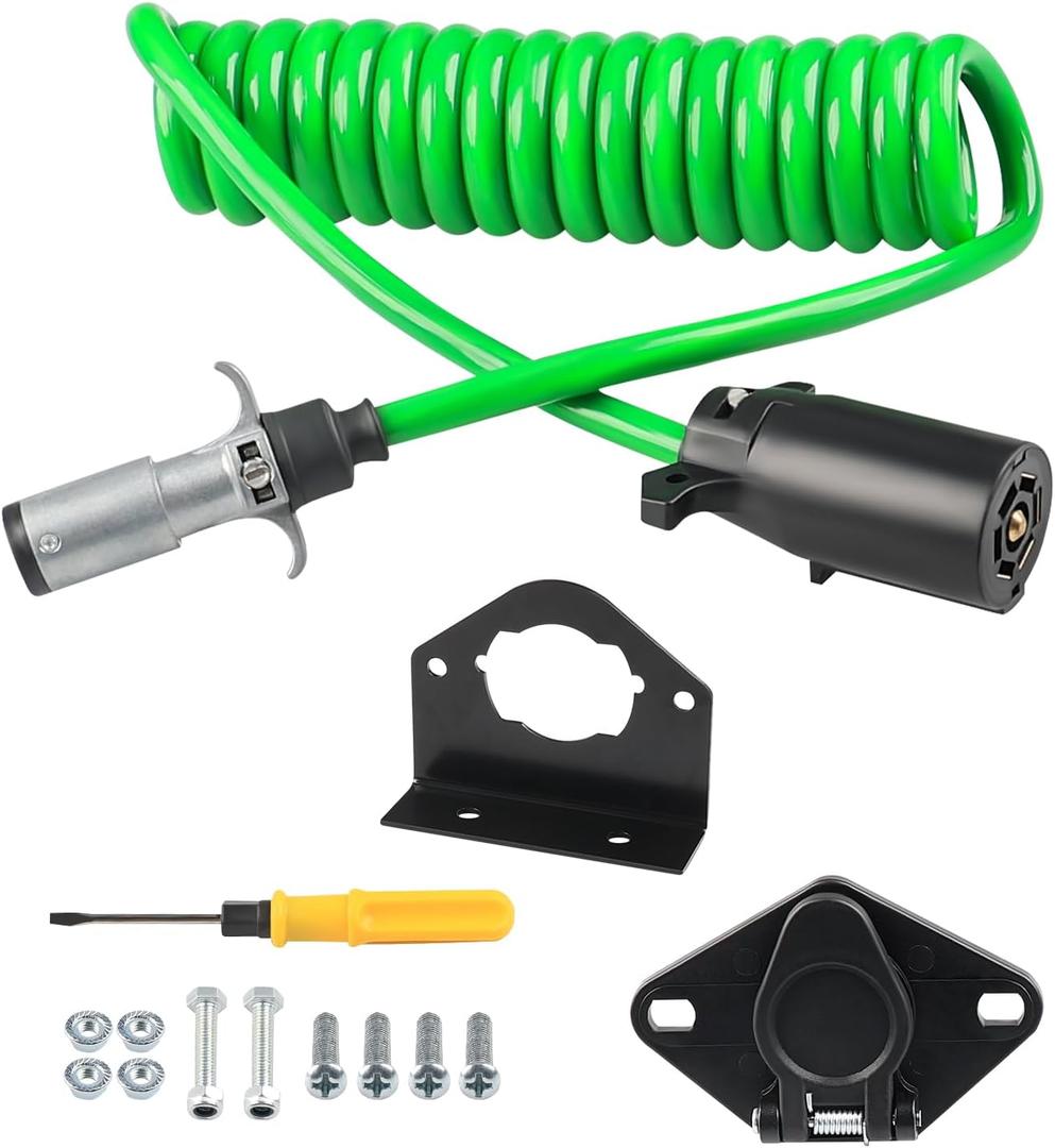 WATERWICH 7 Wire to 6 Wire Trailer Plug Adapter with Female Receptor & RV 7 to 6 Trailer Wire & Mounting Bracket, 8FT Waterproof Flexible Coiled Cable (Green)