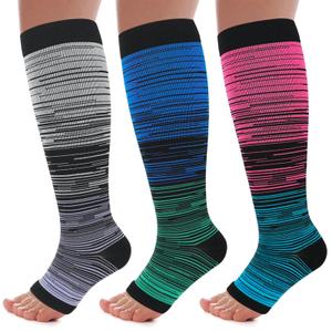 FOFLORA 3 Pack Copper Toeless Compression Socks for Women&Men 20-30mmHg Open Toe Knee High Support Stocking for Varicose Vein Running, L/XL, Dark Lines