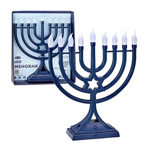 LED Electric Blue Hanukkah Menorah with Special Effects - Battery/USB Powered, Star of David, 4 Lighting/Blinking Modes, Large LED Bulbs, Chanukah Traditional Electric Menorahs - Navy Blue