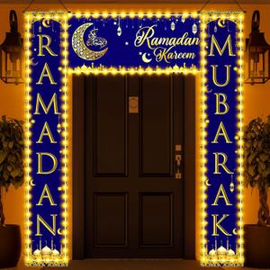 Preboun 3 Pcs Ramadan Mubarak Door Decorations Eid Mubarak Lights Banner with 6 LED Lights Strings Ramadan Porch Sign Banner Couplets for Home Front Door Porch Outdoor