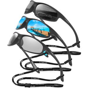 FAGUMA Polarized Sports Sunglasses For Men Cycling Driving Fishing UV400 Protection (B05 Black+Blue+Transparent Gray)