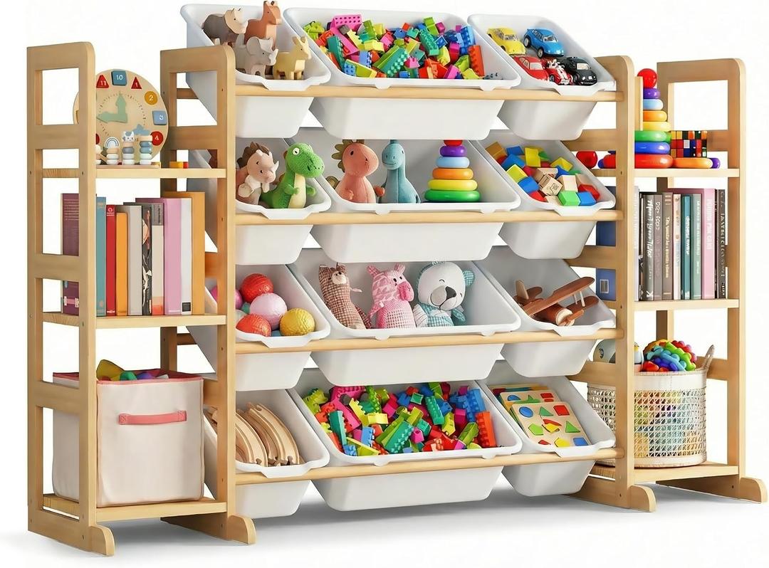 Kiddocood Kids Toy Storage Organizer with 12 Bins, 100% Solid Wood - Natural Finish Montessori Toy Organizer, BPA Free, CPC & TIC Certified Playroom Organization for Living Room & Nursery, 52.3"