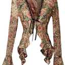 Floerns Women's Floral Mesh Long Sleeve Boho Tops V Neck Tie Front Ruffle Fairy Going Out Blouses Top (Brown, L)