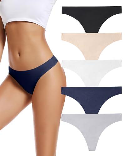 voenxe Seamless Women Underwear Thongs, No Show Ladies Thong, Invisible No Line Breathable Comfortable Panties Undies, Womens No Seam Soft Wide Gusset Tanga, Legging Underpants for Woman 5-Pack.L