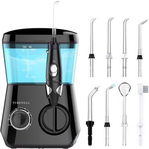 TUREWELL Water Flossing Oral Irrigator, 600ML Dental Teeth Cleaner 10 Adjustable Pressure, Electric Oral Flosser for Braces, 8 Replacement Jet Tips for Family (Black)