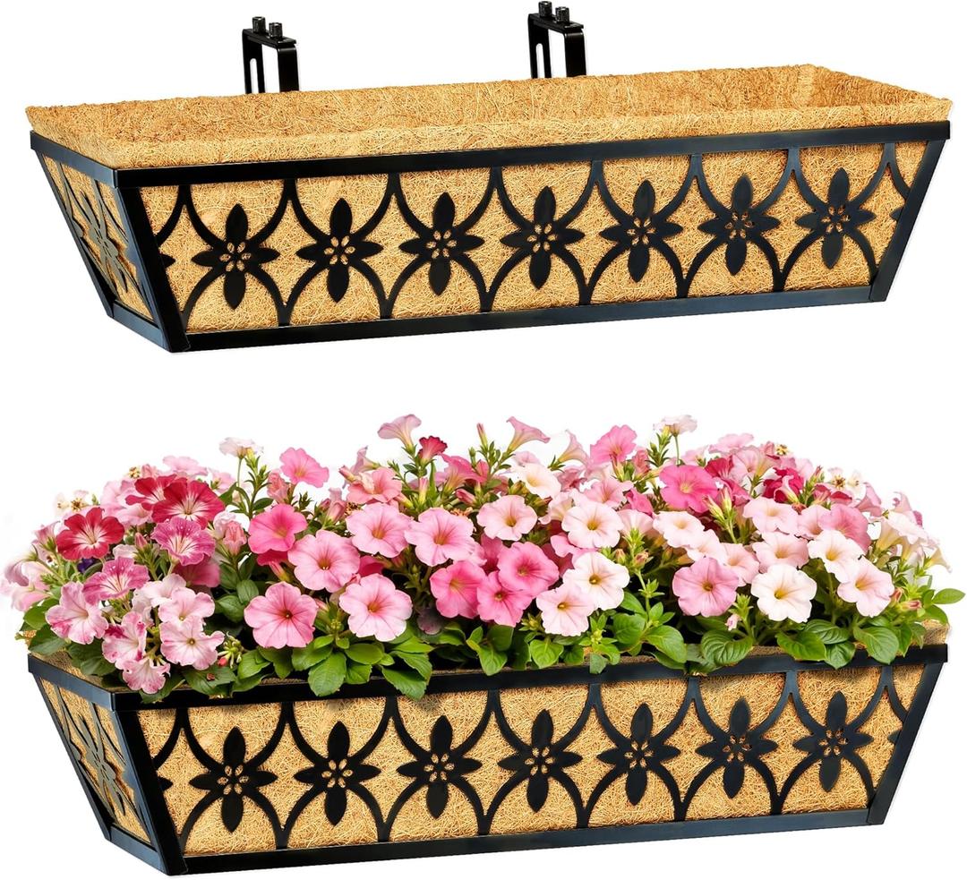 24 Inch Window Boxes Planters Railing Planter Box - 2 Pack Deck Railing Planter Boxes with Adjustable Brackets Coco Liners Balcony Planters Railing Hanging for Window Flower Boxes Outdoor Garden Decor