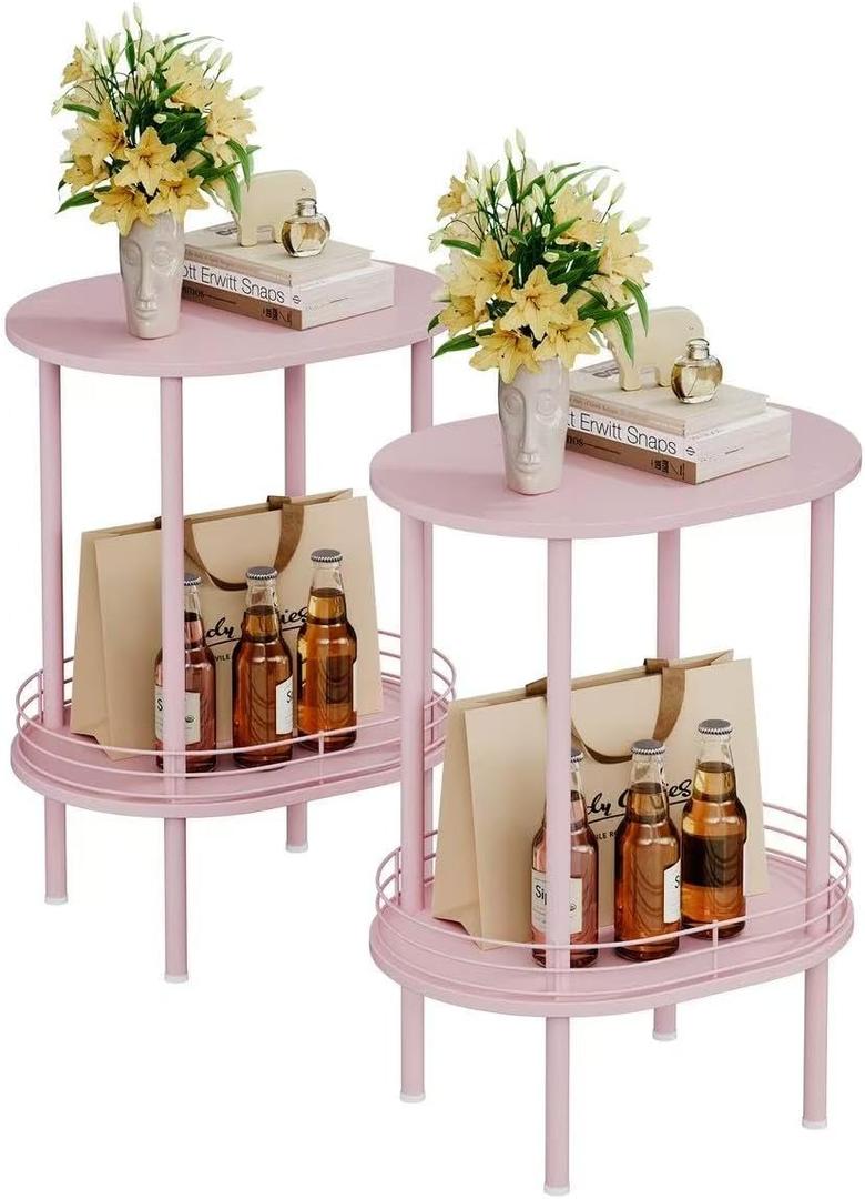 Pink Side Table Set of 2,Small Modern Round Side Table with Storage,2-Tier End Table for Small Space -Living Room,Bedroom, Nursery (2PC,Pink) (2PC Oval(11.8*15.8inch))