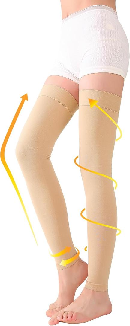 TOFLY Medical Thigh High Compression Stockings Footless for Women & Men, Opaque Support Hose, 20-30mmHg Graduated Compression Socks with Silicone Band for Varicose Veins, Edema, DVT, 1 Pair Beige M