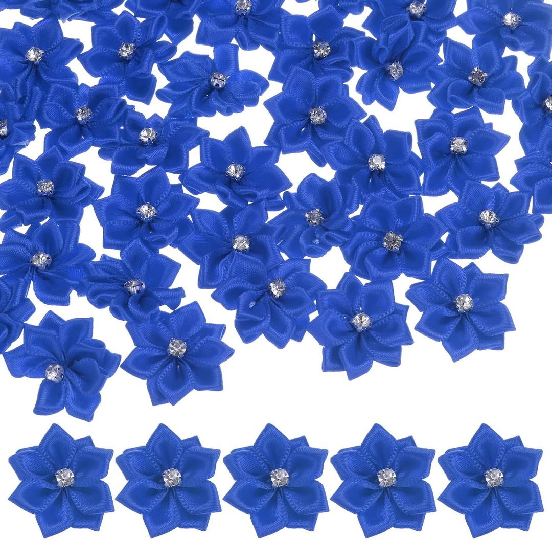 200-Pack Satin Ribbon Flowers, 1.2 Inch Mini Fabric Flowers with Rhinestones Flower Ribbon Appliques for Crafts DIY/Wedding/Ornament/Party/Home [Dark Blue]