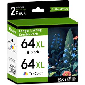 64XL Ink Cartridges High Yield Combo Pack (2-Pack, Black, Tri-Color) Replacement for HP 64XL Envy Photo 7858 7855 7155 6255 6252 6230 7120 7158 Envy 7255e 7955e 7958e Printer