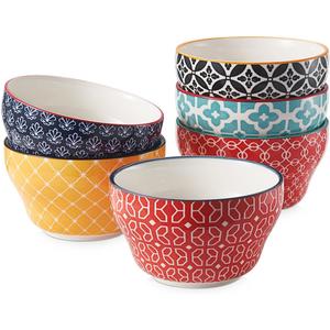 DOWAN Small Dessert Bowls Set of 6, 8oz Ceramic Bouillon Cups for Soup Dipping Sauce Coffee Cupping, Microwave Dishwasher Safe, Vibrant Patterned Porcelain Bowls for Kitchen Decor & Housewarming Gift (Multicolor)