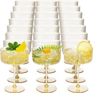 Jingmore 24 Pcs Ribbed Martini Glasses 10 oz Disposable Plastic Vintage Ribbed Coupe Glasses Unbreakable Dessert Parfait Glassware for Wedding Birthday Party Supplies (Gold)