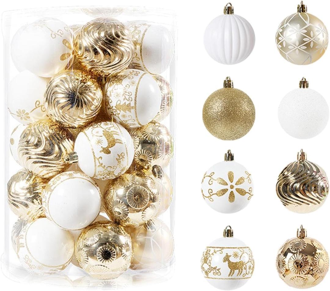 34pcs Christmas Baubles Set Decorative Hanging Baubles Xmas Hanging Balls Ornaments Christmas Tree Hanging Pendants for Xmas Tree Festival Holiday Party Hanging Decoration - White and Gold