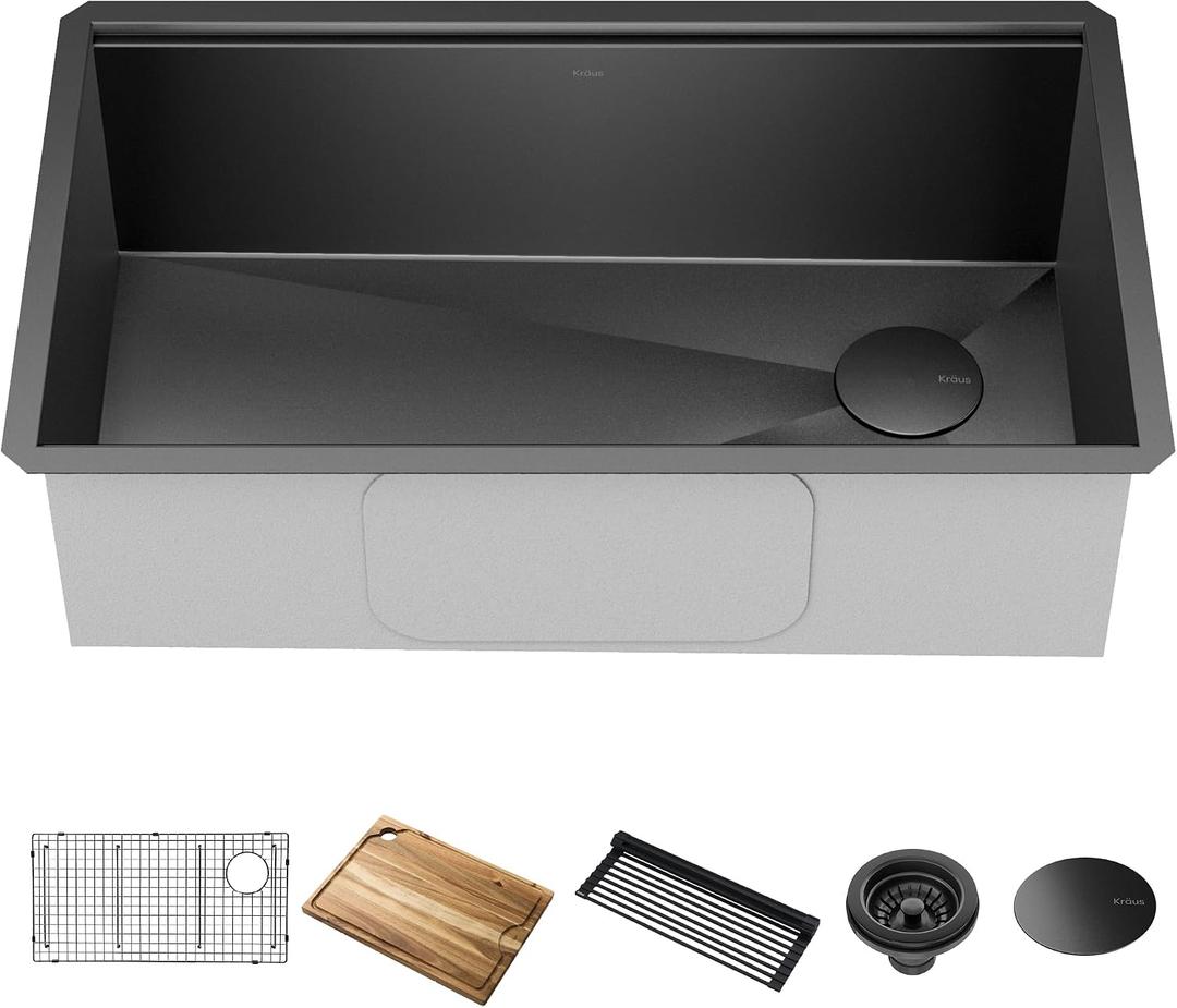 KRAUS Kore Workstation 32-inch Undermount 16 Gauge Black Stainless Steel Single Bowl Kitchen Sink in PVD Gunmetal Finish with Accessories, KWU110-32/PGM