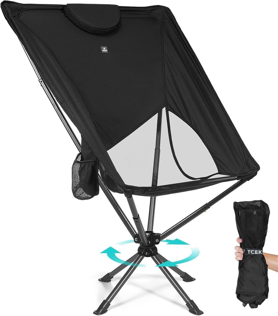 Swivel Portable High Back Camping Chair Small Compact Lightweight Folding Chairs for Adults, Outdoor Collapsible Backpack Chair for Camp, Travel, Sports, Easy Carry and Quick Setup (Black)