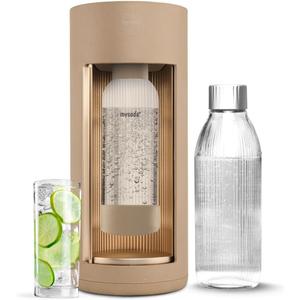 Mysoda: Glassy Water Carbonator Made of Wood Composite with 1 Litre Glass Bottle and BPA-Free 1 Litre Plastic Bottle (without CO2 Cylinder) - Latte