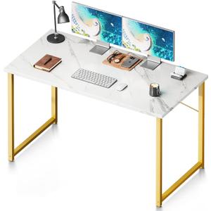 Coleshome 48 Inch Computer Desk, Modern Simple Style Desk for Home Office, Study Student Writing Desk, White Marble and Gold Leg