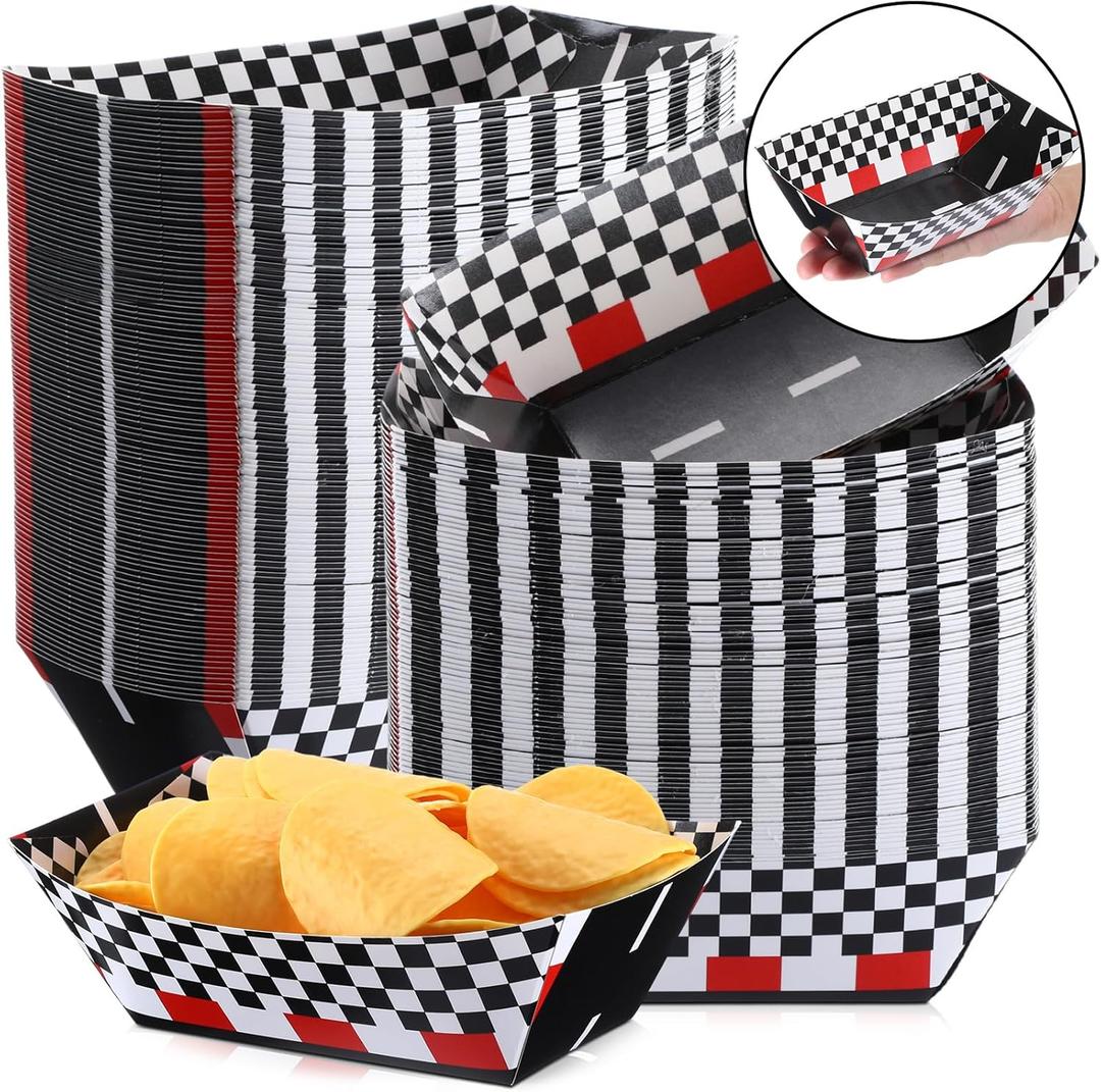 Havawish 100 Pcs Racing Car Food Trays Bulk 1st Race Track Checkered Party Supplies Decorations Racing Sport Themed Dinnerware Disposable Nacho Boats Serving Tray for Party Birthday Baby Shower (2lb)