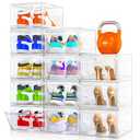 12 Pack Clear Shoe Storage Organizer with Magnetic Door,Stackable Plastic Shoe Boxes for Sneakers,Boots,and Heels,Space-Saving Foldable Shoe Rack for Closet,Durable Shoe Cabinet Organizer,White