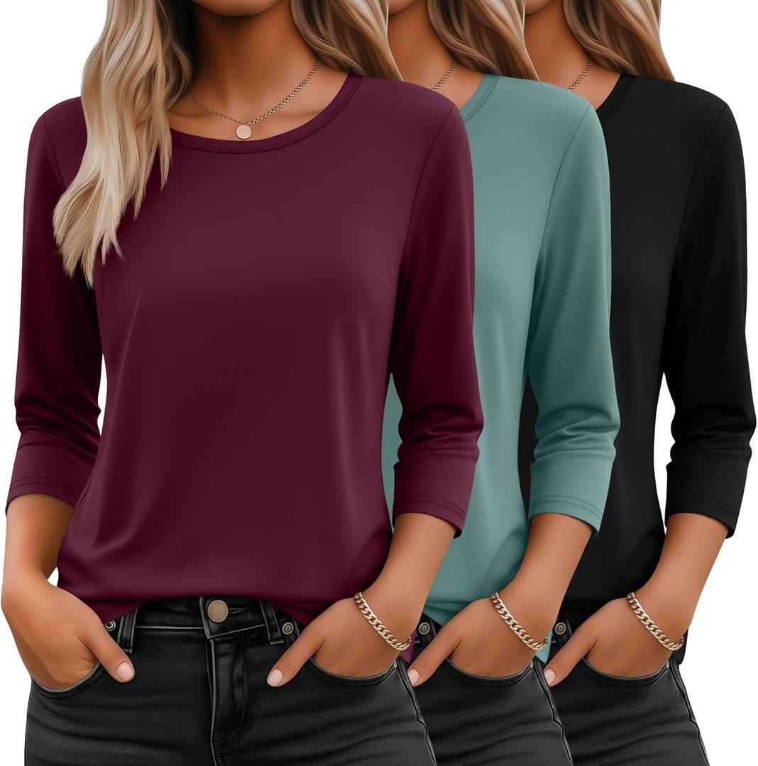 Ficerd 3 Pack 3/4 Sleeve Tops for Women Round Neck Dressy Basics Tees Casual Trendy Loose Fit T Shirts (Small, Black, Gray Green, Burgundy)