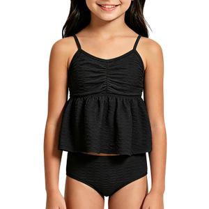 Girls' Bathing Suit High Waisted Ruffle 2 Piece Swimsuit Qick-Drying A-line Skirt Tankini Set Solid Black Size 8Y (Black)