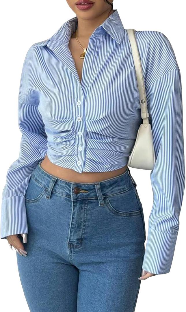 SUNNOW Women's Casual Striped Cropped Ruched Long Sleeve Shirt (Large, Blue)