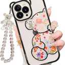 for iPhone 14 Pro Max Case with Cute Flowers Bear Pattern, Camera Protector, Clear Phone Case and Lovely Strap Bracelet Chain, Compatible for iPhone 14 Pro Max for Girls Women (Black)