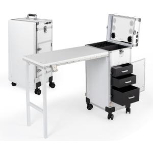 Portable Manicure Table 3 Drawers, Rolling Lockable Makeup Train Case with Blueteeth Speaker and Nail Polish Organizer, Foldable Nail Desk with Mirror & TSA Lock for Nail Tech and Salon Use, 52 x 15.4 x 27.3 inches
