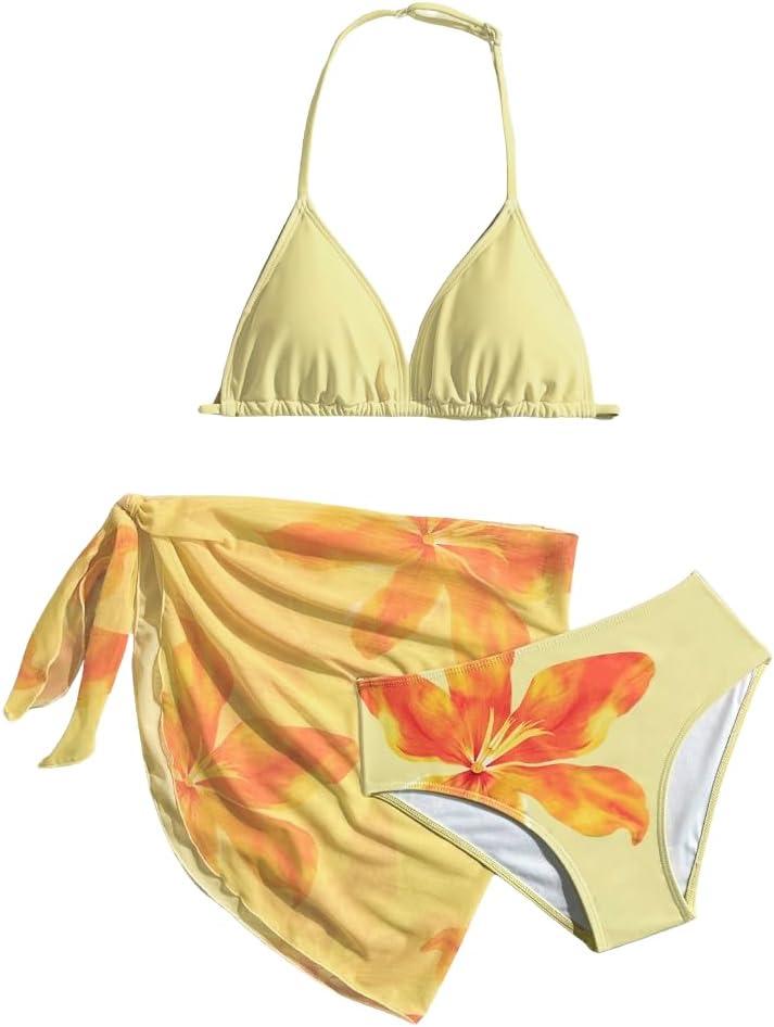 SEGT Girl's 3 Piece Striped Bikini Swimwear Cute Swimsuits Bathing Suit High Waisted with Cover Up Beach Skirt (Lily Floral)