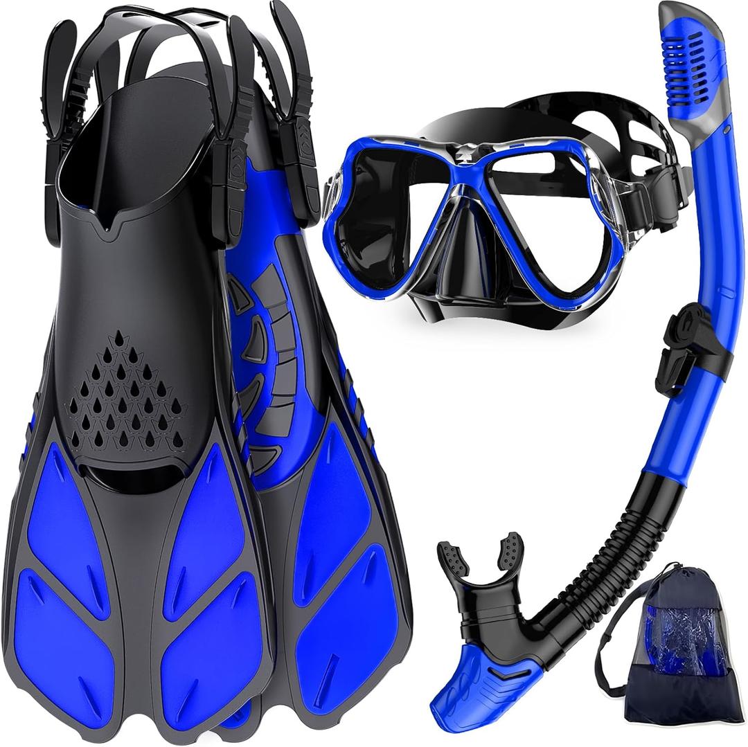 Zenoplige Mask Fins Snorkel Set, Snorkeling Gear for Adults, Panoramic View Snorkel Mask Anti-Fog, Adjustable Dive Flippers, Dry Top Snorkel and Travel Bag, Scuba Gear for Swimming Snorkeling Diving (Large-X-Large, Blue Black)