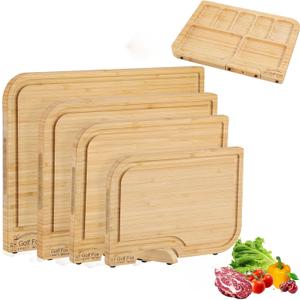4-PCS Bamboo Cutting Board Set with Innovative Stand - Durable Double Sided Wooden Cutting Board with Juice Groove & Handle for Meal Prep, Meat, Charcuterie Serving, Eco-Friendly Healthy Kitchen Gift