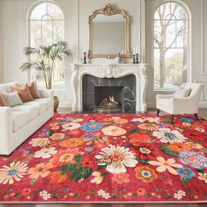 Red Garden Floral Area Rug 9x12 for Living Room Bedroom | Low Pile; Non Slip;Machine Washable; Ideal for Dining Room; Easy to maintain; Perfect for home decor