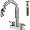 Bathroom Faucet with Pull Down Sprayer 3 Holes, Brushed Nickel 4 inch 2 Handles Centerset Laundry Bar Basin Pull Out Bathroom Sink Faucet with Pop-Up Drain, KBL-6002BN
