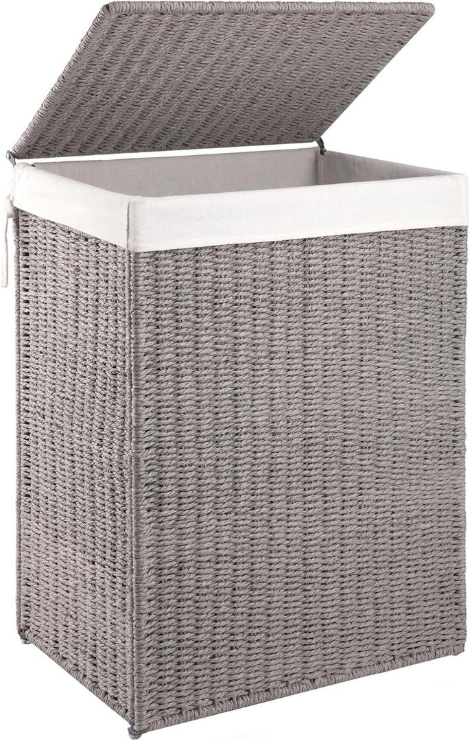 OIAHOMY Laundry Hamper with Lid, 90L(23.8 Gal) Large Wicker Laundry Basket for Bedroom, Handwoven Paper Rope Clothes Hamper with Washable Liner & Metal Frame, Decorative Organizer for Bathroom Grey