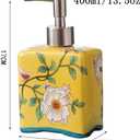 Handmade Ceramic Soap Dispenser for Bathroom Kitchen Shower Square Shaped Decorative Chinese Painting Vintage Refillable Hand Lotion Pump Bottle for Liquid Soap Shampoo Lotions Yellow