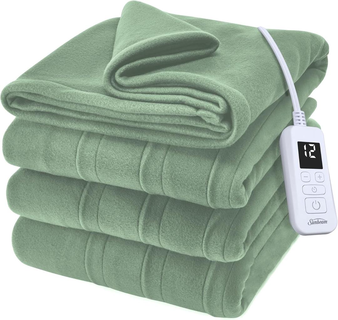 Sunbeam Royal Ultra Fleece Heated Electric Blanket Full Size, 84" x 72", 12 Heat Settings, 12-Hour Selectable Auto Shut-Off, Fast Heating, Machine Washable, Warm and Cozy, Matcha