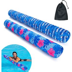 Inflatable Swimming Pool Noodle, 2 Pack Soft Fabric Quick Drying Covered Large Pool Floats Noodles, Premium Buoyancy Swim PoolFloats with Portable Storage Bag for Pool Party Toy (A-Tropical/Plants)