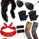 Mepase 80s Rock Costume Set for Women Wig Headband Tattoo Sleeve Gloves Cuff Glasses Inflatable Guitar Punk Rock Party, Size M