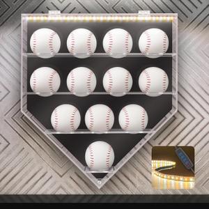 Baseball Display Case, Acrylic Baseball Holder Display Case for Balls, Lighted Wall Mount Baseball Shadow Box, UV Protected Memorabilia Autograph Display Box for 12 Balls, Black