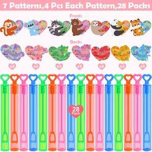 Valentines Day Gifts for Kids, 28 Pack Mini Bubble Wands with Greeting Cards Valentines Animal Themes for Kids, Valentine's Day School Prizes Party Favor, Classroom Exchange Gifts