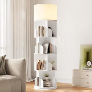 Rotating Bookshelf with Light, 4 Tier Spinning Bookshelf Tower, 360 Revolving Bookcase, Small Corner Book Shelf for Kids Rooms, Bedrooms, Living Rooms, Home Offices, and Compact Areas, White