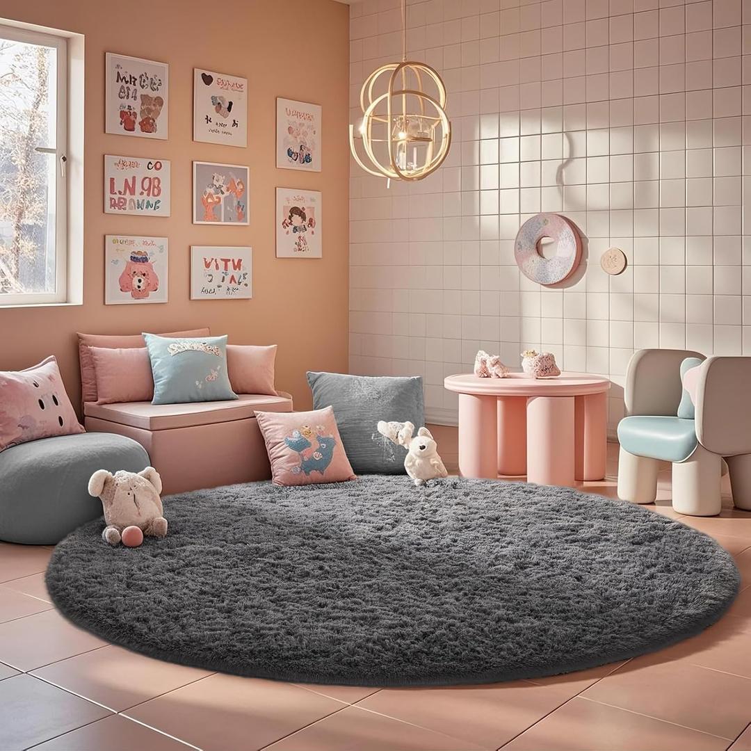Ophanie Round Rugs 7Ft Grey Circle Area Rug, Fluffy Fuzzy Bedroom Carpet, Plush Soft Shaggy Indoor Floor Gray Living Room Rugs for Kids Home Decor Aesthetic, Nursery