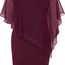 SeSe Code Women's Mesh Cape Overlay Bodycon Knee Length Pencil Dress for Wedding Guest (Large, Wine Red)